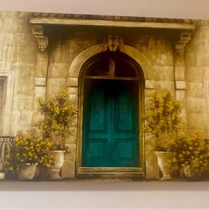 Amazing beautiful canvas painting with blue door and yellow accents
